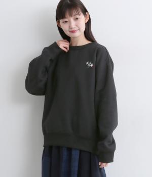 ワンポイントアニマル刺繍トレーナー(ブラック-F)