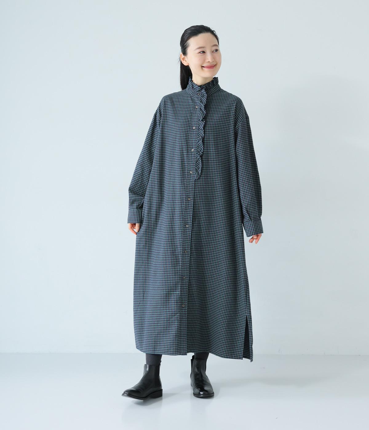 ビエラチェックフリル使いシャツワンピース(ネイビー-F)