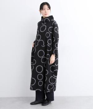 リネンコットンロールカラーコクーンバブル柄ワンピース