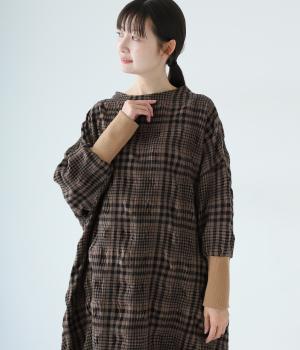 ウールコットンワッシャー袖リブニットチュニックワンピース