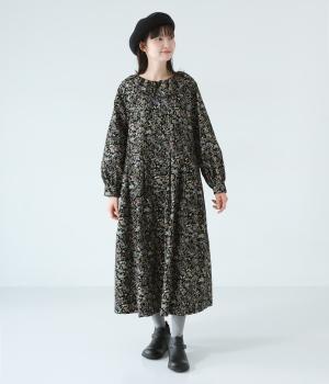 コットン細コール襟フリル切替ギャザーワンピース