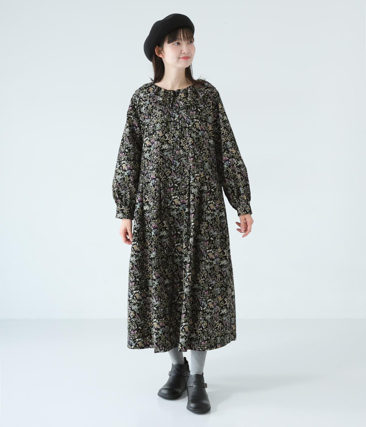 コットン細コール襟フリル切替ギャザーワンピース(ブラック-F)