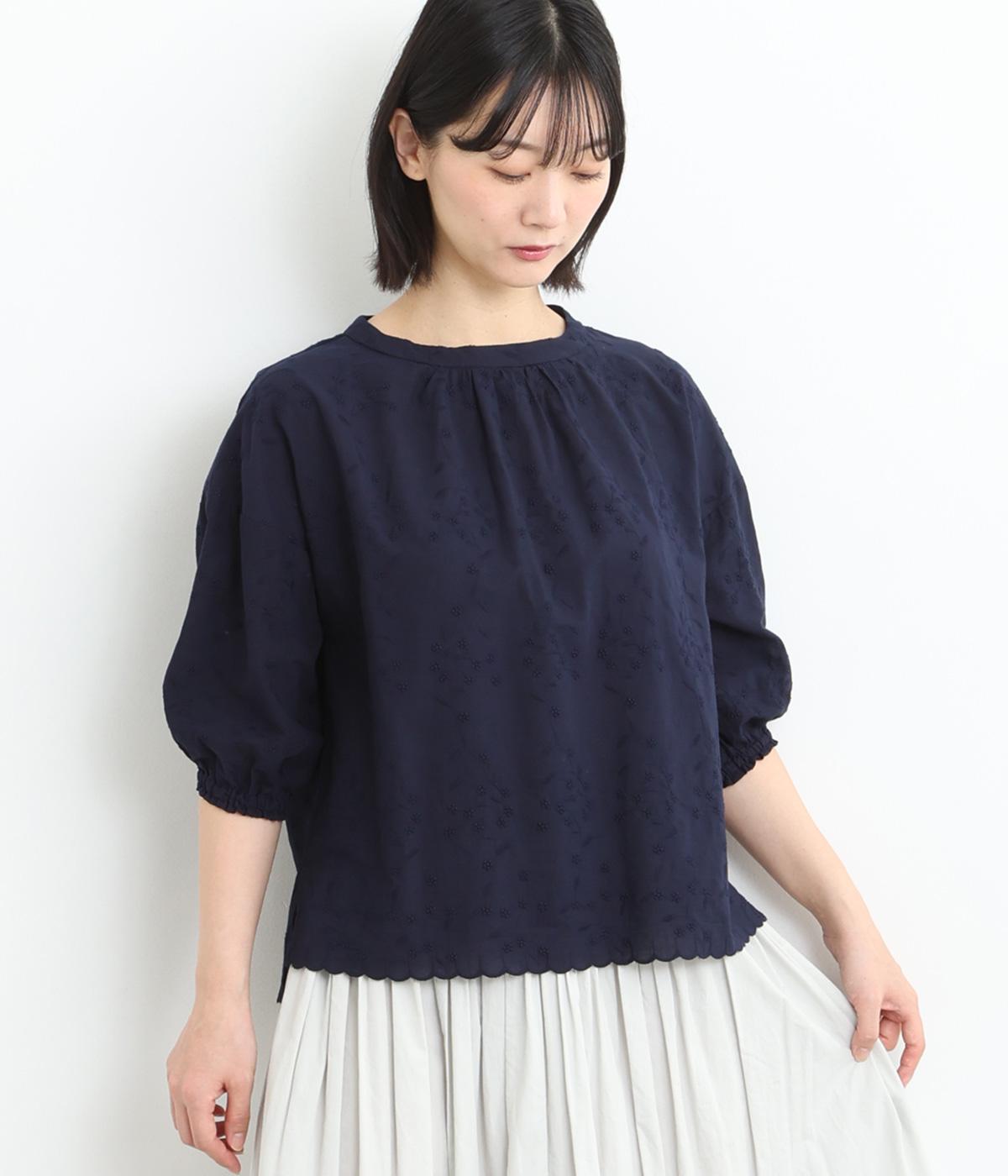 コットンスカラ刺しゅうギャザー袖ブラウス(ネイビー-ONESIZE)