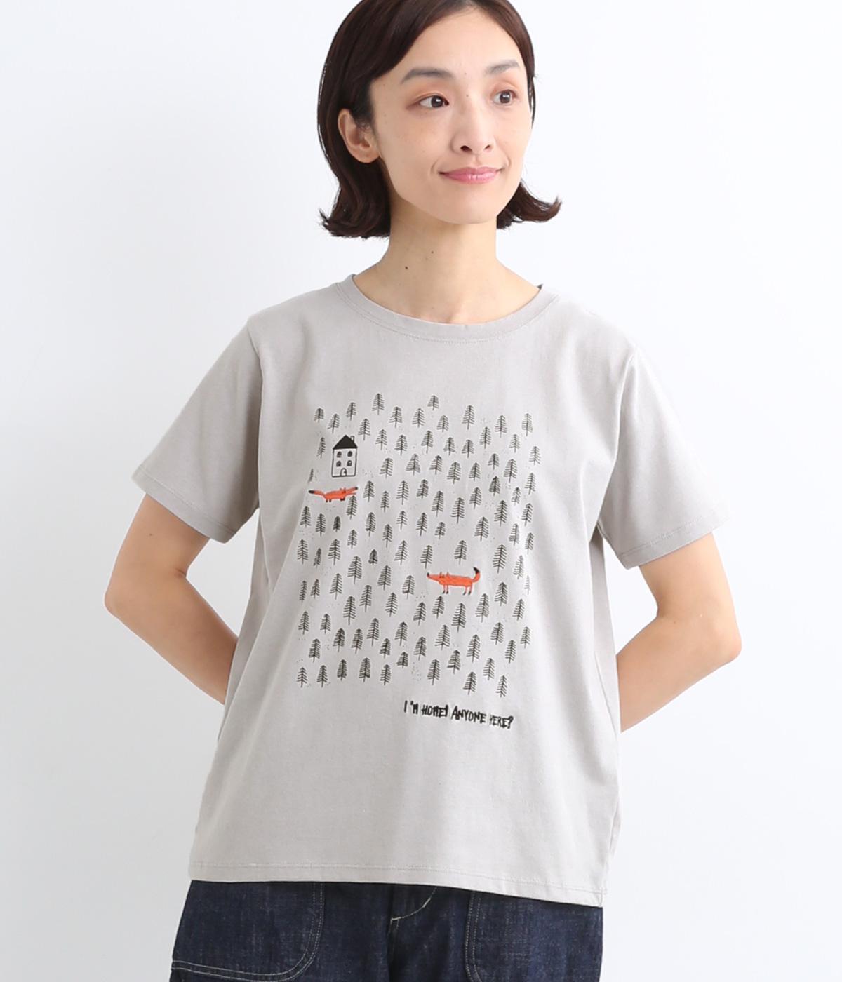 コットン森の中のキツネプリントTEE(グレー-F)