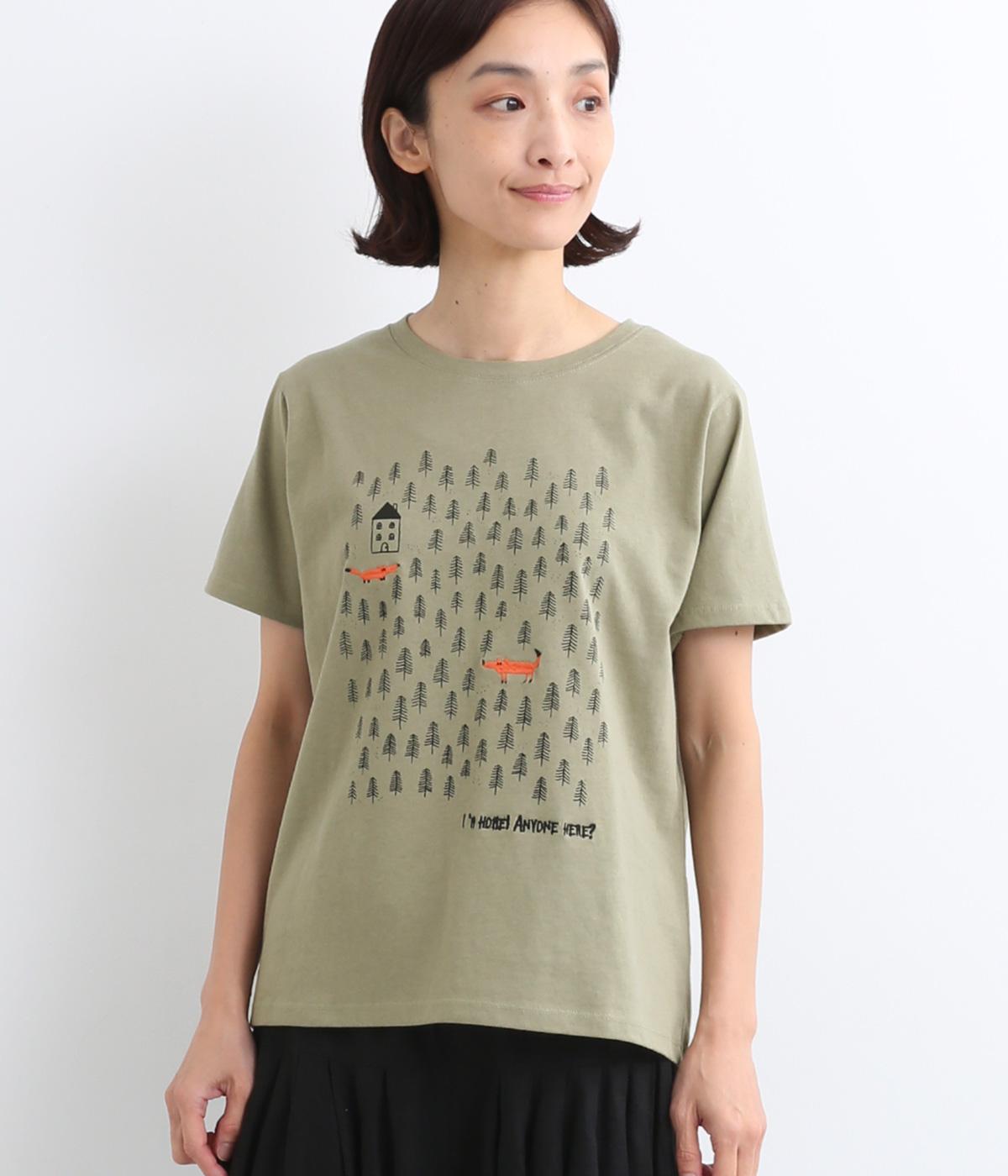 コットン森の中のキツネプリントTEE(カーキ-F)