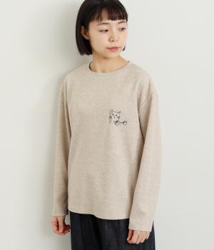 読書ネコ刺しゅう裾ラウンドプルオーバー