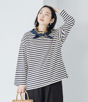 【Cion】コットンボーダービッグカットソー(ネイビー-ONESIZE)
