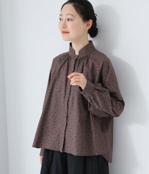 ブロードビンテージドットレイヤースタンドカラーシャツ(ブラウン-F)
