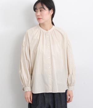 ブロードギンガムチェックバンドカラーシャツ(ベージュ-F)