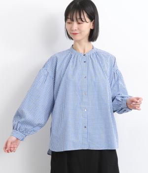 ブロードギンガムチェックバンドカラーシャツ(ブルー-F)