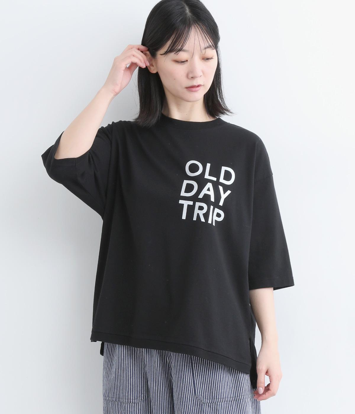コットン天竺サイドスリットプリントTee〈OLD DAY TRIP〉(ブラック-ONESIZE)