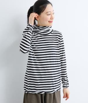 コットンナチュラルソフト天竺ボーダーツイストタートルプルオーバー