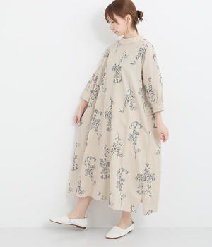 コットンリネン平織線画刺繍ターンカラー2wayワンピース(ナチュラル-ONESIZE)
