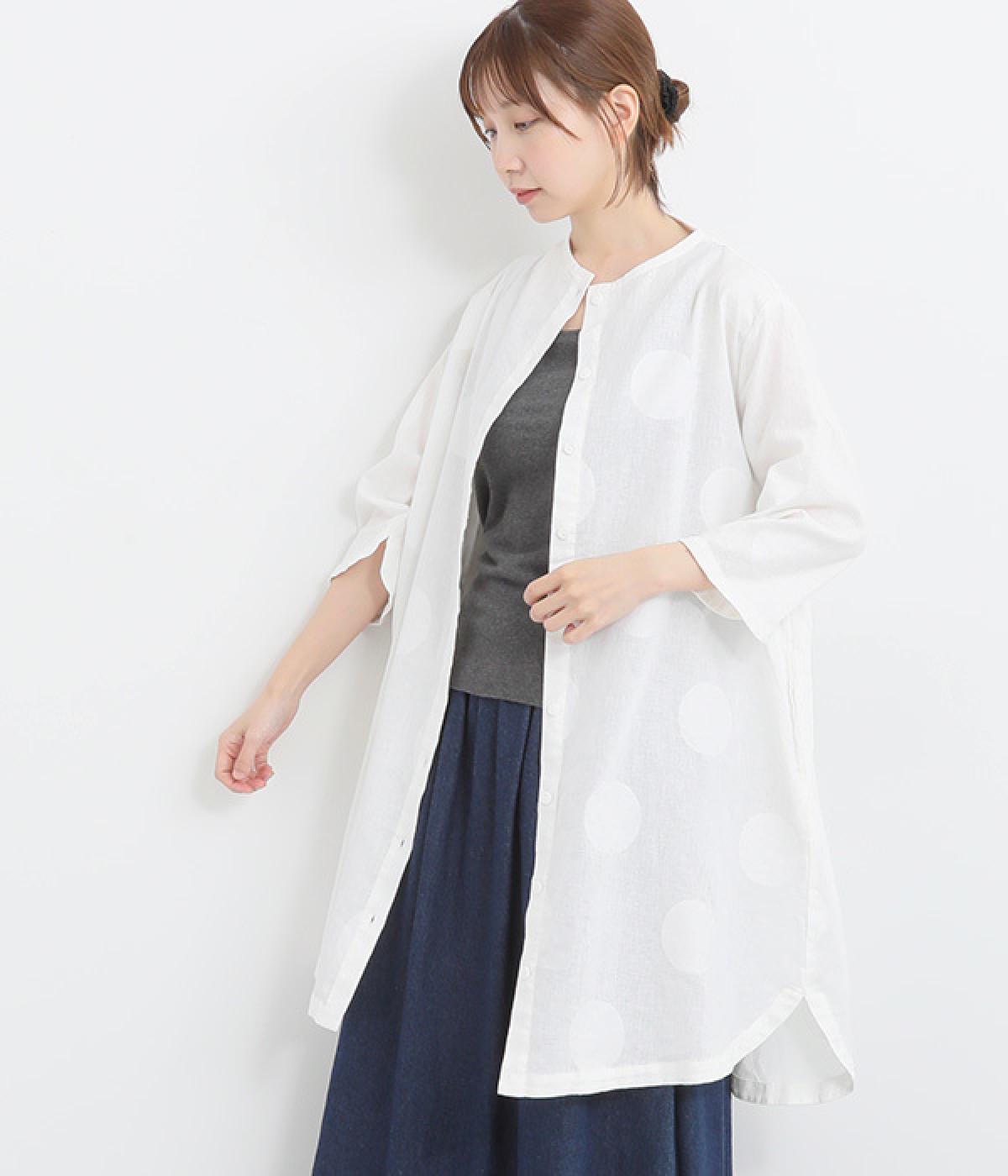 美品✨KAPITAL リネンワンピース Vネック 日本製 ゆったり 麻100% リネンコットンドットジャカードセミボトルネックワンピース（On