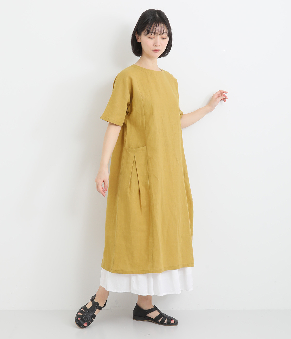イチアンティークス 麻100% ギャザーワンピース からし色 マスタード リネン ICHI Antiquites (イチアンティークス) カラーリネンギャザー