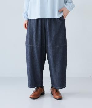 コットンリネンデニム切替コクーンパンツ(ネイビー-F)