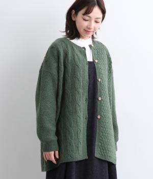 ウールミックス編みチュニックカーディガン(グリーン-F)