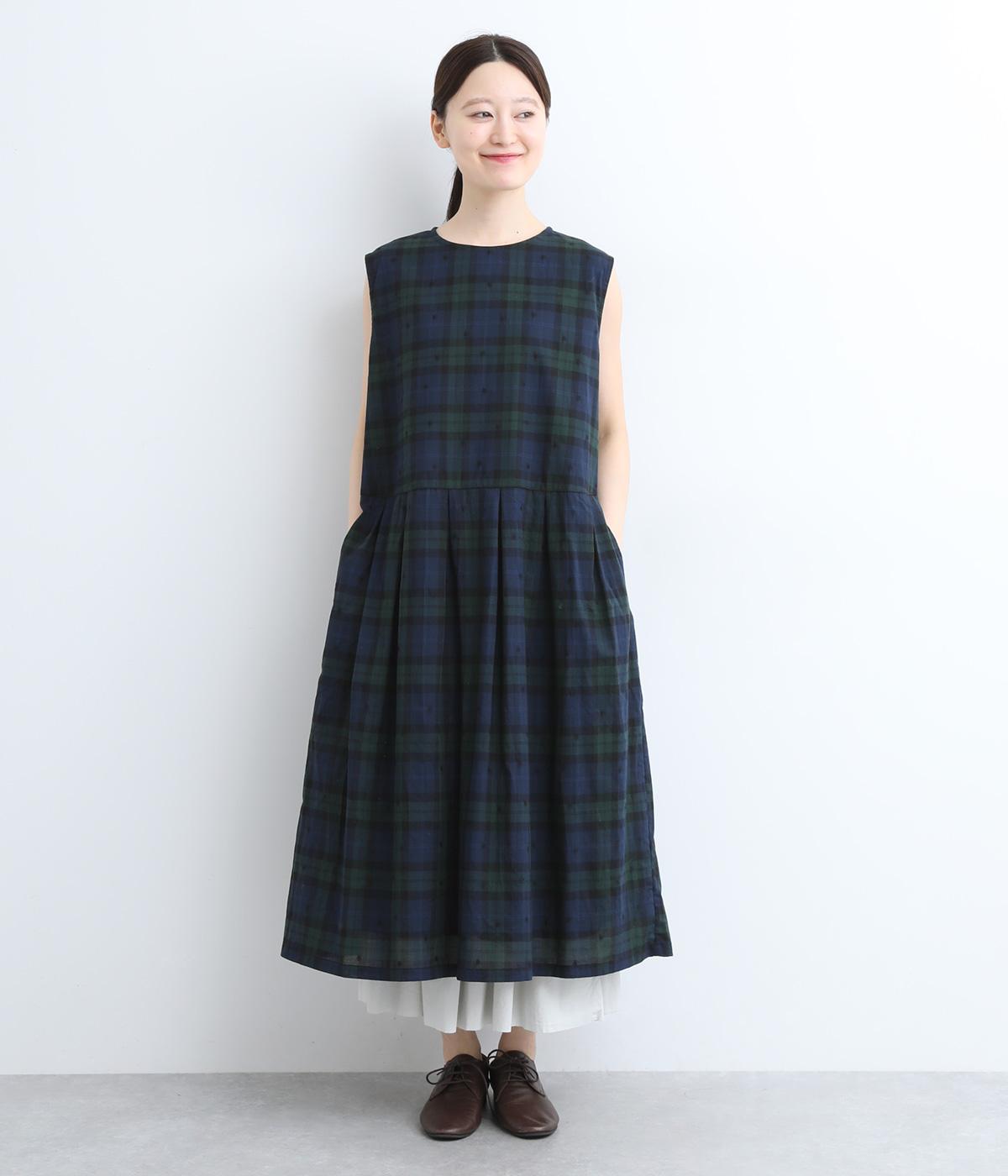 先染ドット刺繍ノースリーブワンピース(ブラックウォッチ-ONESIZE)
