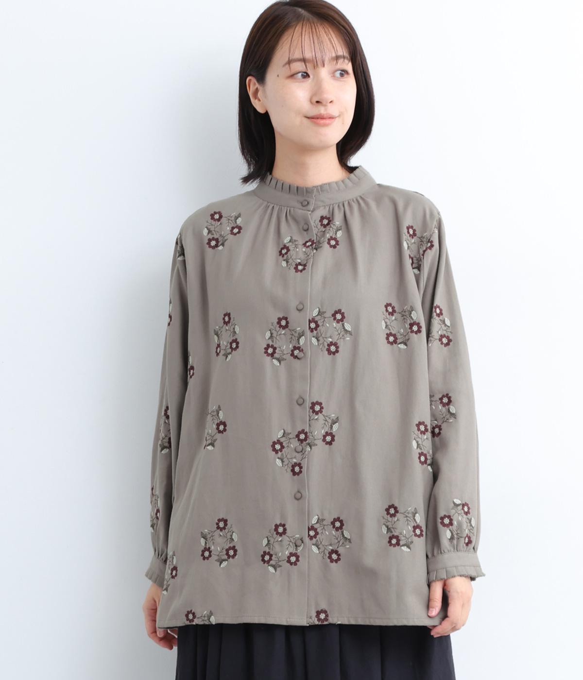 コットンサークル刺繍タックフリルブラウス