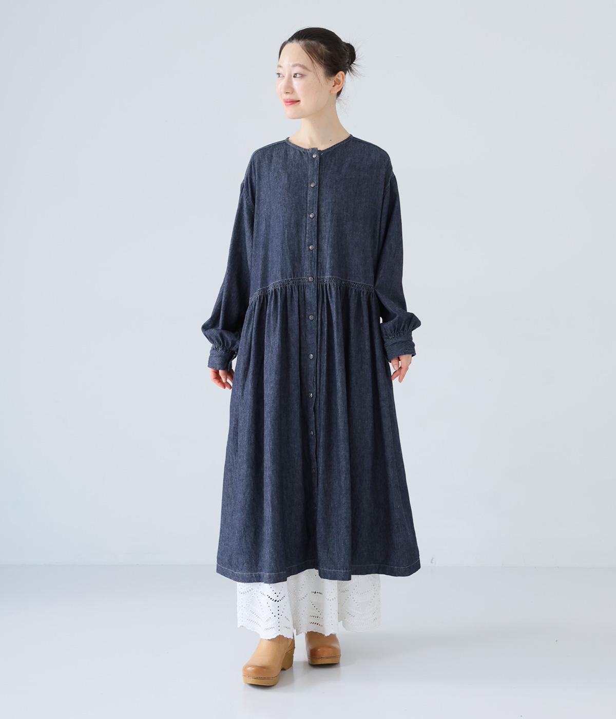 コットンリネンデニムシャーリングワンピース(ネイビー-F)