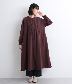 コットン起毛袖刺繍前開きワンピース
