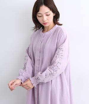 コットン起毛袖刺繍前開きワンピース(ライラック-F)