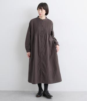 コットン綾接結ピンタックワンピース(グレイッシュブラウン-F)
