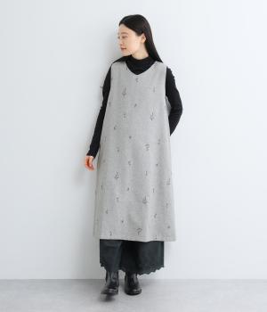 花刺繍Vネックジャンパースカート(ライトグレー-F)