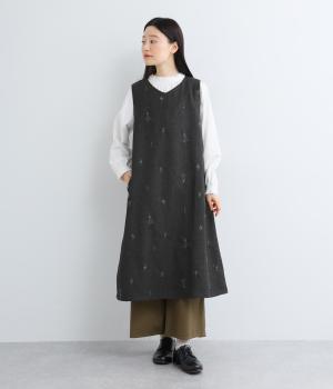 花刺繍Vネックジャンパースカート(チャコールグレー-F)