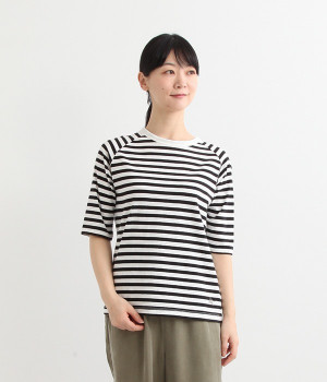 リサイクルコットンボーダーラグランT(5分袖)(ブラックボーダー-L)