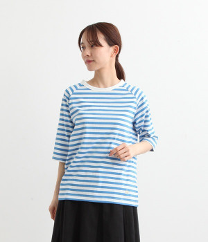 リサイクルコットンボーダーラグランT(5分袖)(スカイブルーボーダー-L)