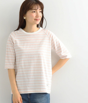 リサイクルコットンボーダーラグランT(5分袖)(オフホワイト×サクラ-L)
