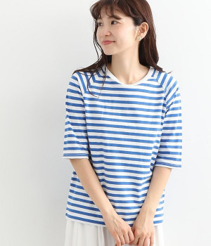 リサイクルコットンボーダーラグランT(5分袖)(オフホワイト×ロイヤル-L)