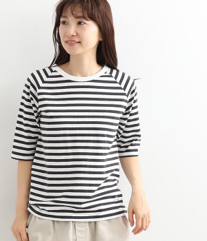 リサイクルコットンボーダーラグランT(5分袖)(オフホワイト×インクブラック-L)