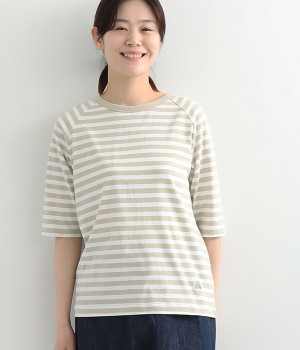 リサイクルコットンボーダーラグランT(5分袖)(グレージュ×オフホワイト-L)
