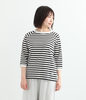 リサイクルコットン天竺ボーダーラグランTEE(7分袖)(ブラックボーダー-L)