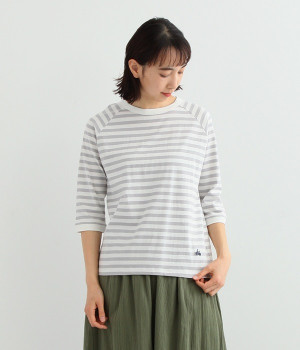 リサイクルコットン天竺ボーダーラグランTEE(7分袖)(ライトグレーボーダー-L)