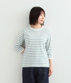 リサイクルコットン天竺ボーダーラグランTEE(7分袖)(レトログリーンボーダー-L)