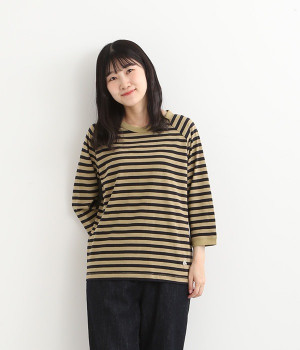 リサイクルコットン天竺ボーダーラグランTEE(7分袖)(ベージュ×ネイビー-L)