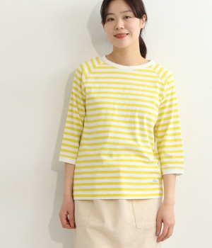 リサイクルコットン天竺ボーダーラグランTEE(7分袖)(オフホワイト×レモン-L)