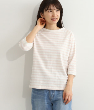 リサイクルコットン天竺ボーダーラグランTEE(7分袖)(オフホワイト×サクラ-L)