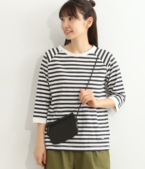 リサイクルコットン天竺ボーダーラグランTEE(7分袖)(オフホワイト×インクブラック-L)