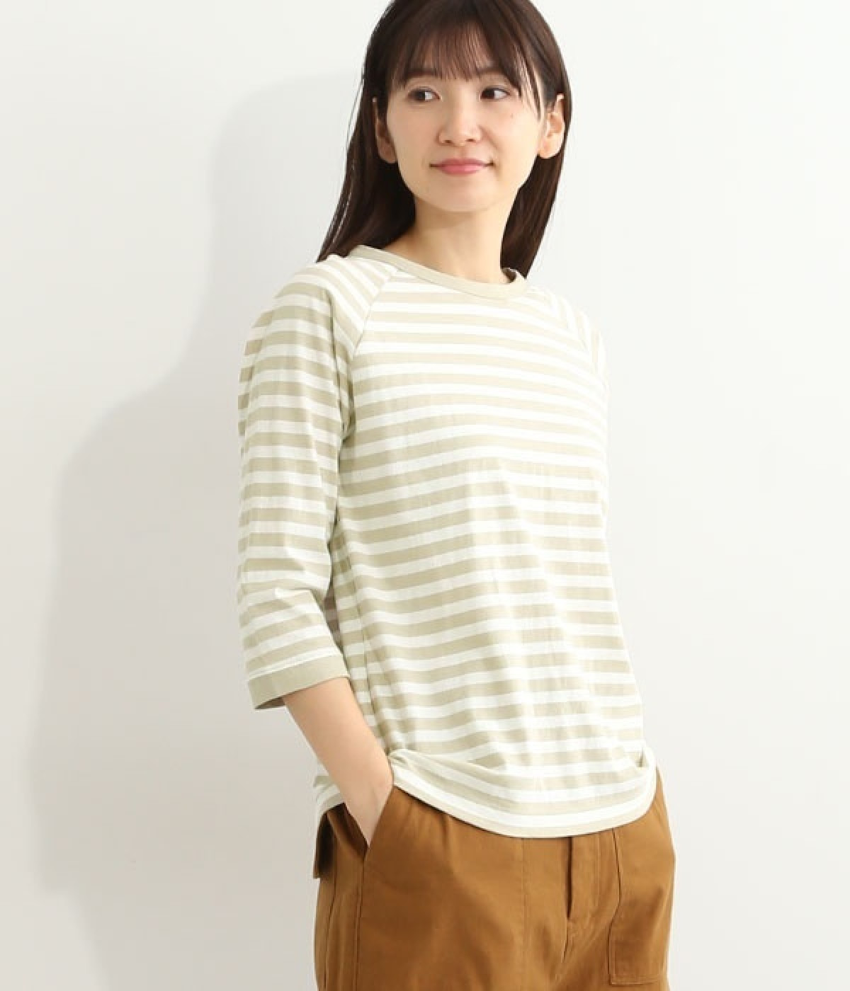 【新品未使用】リサイクルコットンボーダーTee / GREY リサイクルコットン天竺ボーダーラグランTEE(7分袖)（Bliss