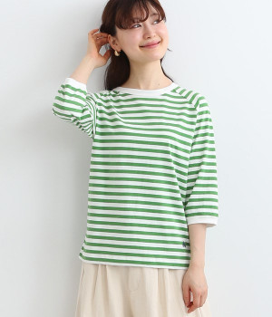リサイクルコットン天竺ボーダーラグランTEE(7分袖)(ブライトグリーン×オフホワイト-L)