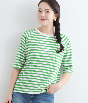 リサイクルコットンボーダーラグラン5分袖TEE(ブライトグリーン×オフホワイト-M)