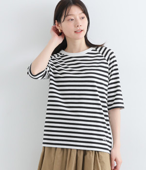 リサイクルコットンボーダーラグラン5分袖TEE(ブラック×オフホワイト-L)