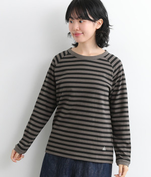 リサイクルコットン天竺ボーダーラグランロンT(チャコール×ブラック-L)