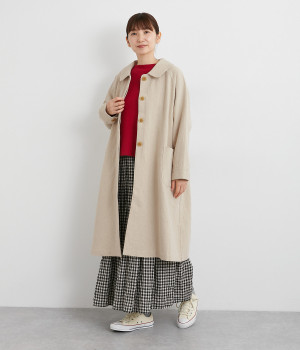コットンリネン混合 比翼前立てラウンドカラーコート(ナチュラル-ONESIZE)