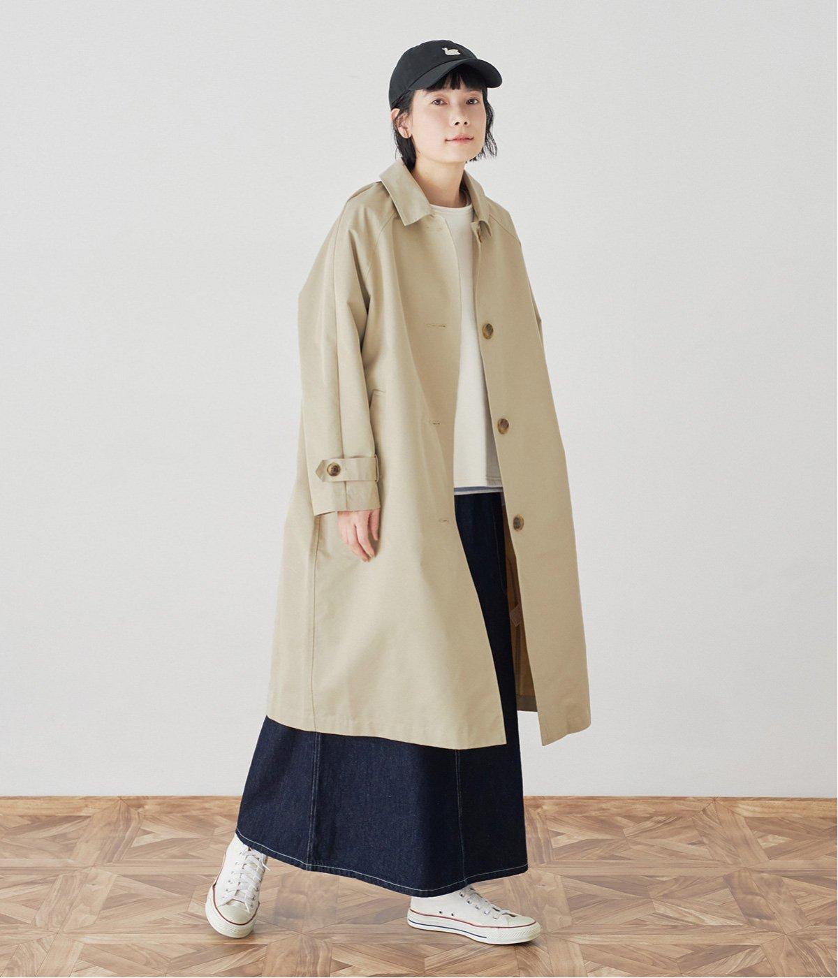 コットンポリエステルギャバツイルアンブレラヨークステンカラーロングコート(ベージュ-F)