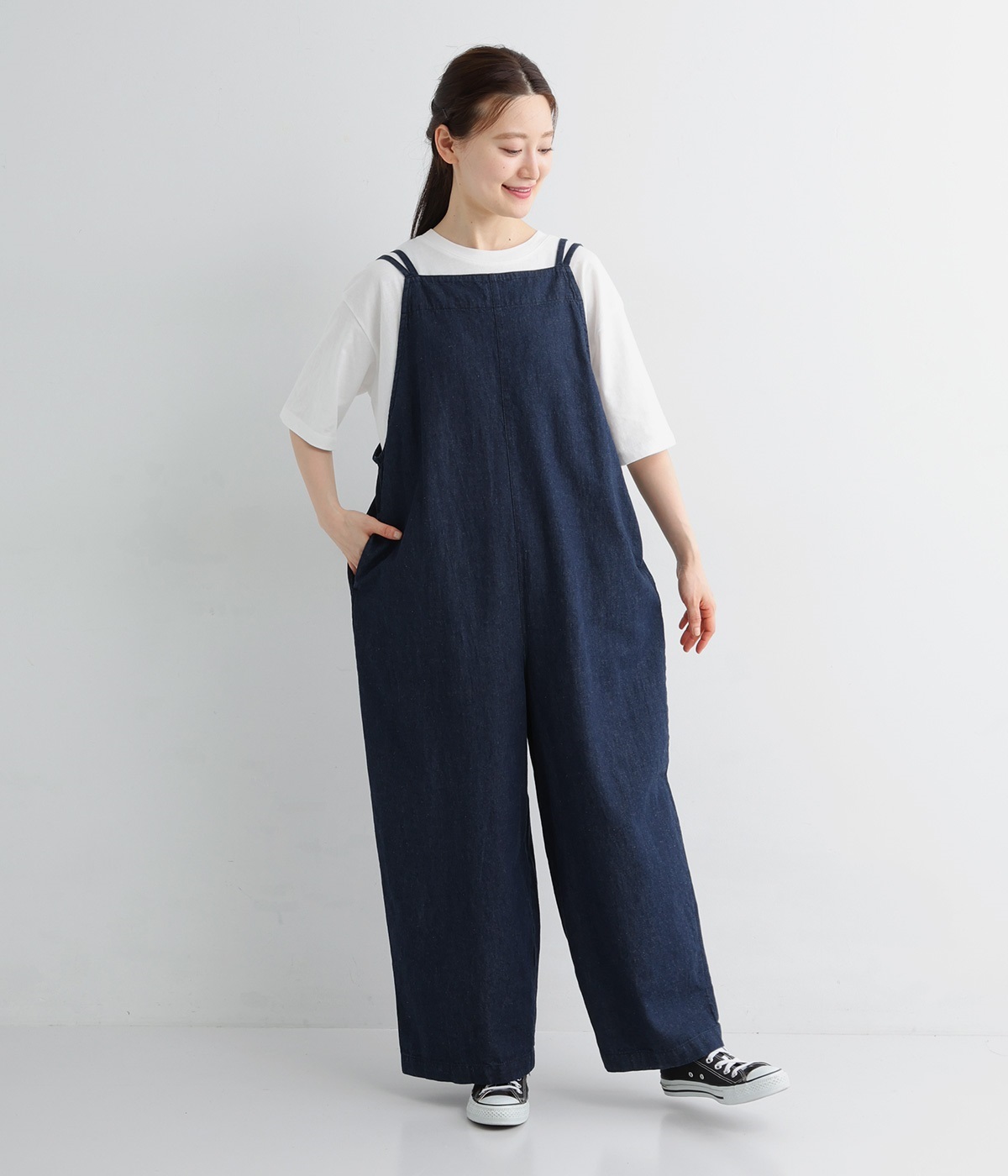 6オンスコットンリネンデニムBACKリボンサロペットパンツ(ダークインディゴ-ONESIZE)